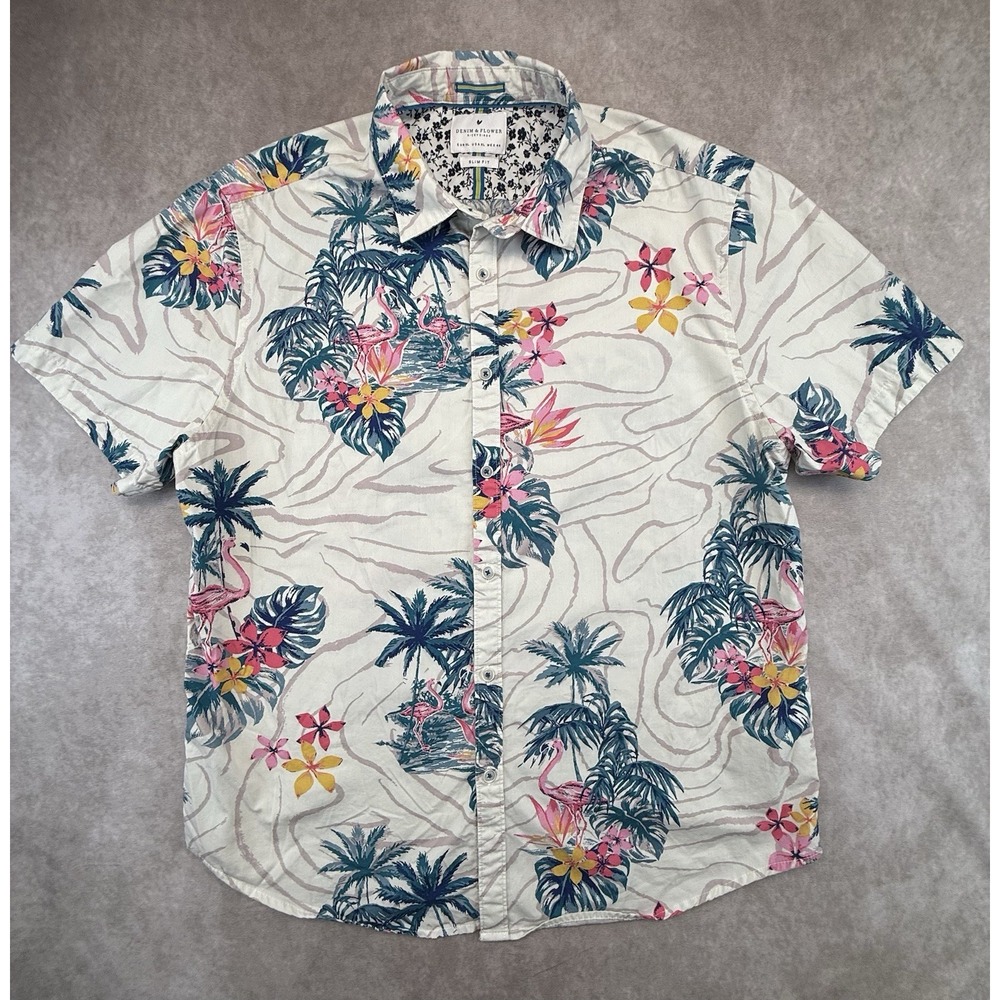 Denim & Flower Men's XL Shirt Slim Fit Flamingo Tropical Hawaiian Button Up - Picture 3 of 10